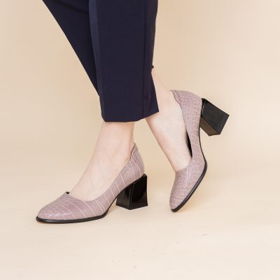 Pantofi cu Toc Gros Piele Ecologica Texturată Varf Rotund culoare Roz (BS612CAY2401560)