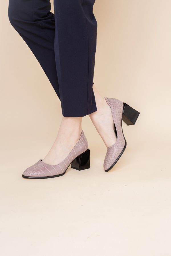 Pantofi cu Toc Gros Piele Ecologica Texturată Varf Rotund culoare Roz (BS612CAY2401560) 173