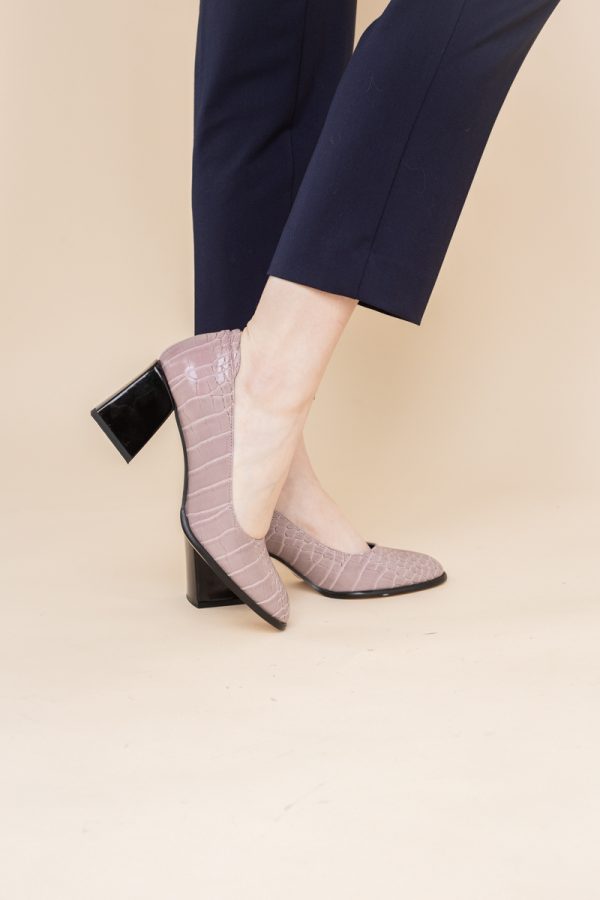 Pantofi cu Toc Gros Piele Ecologica Texturată Varf Rotund culoare Roz (BS612CAY2401560) 9