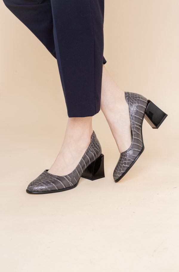 Pantofi cu Toc Gros Piele Ecologica Texturată Varf Rotund culoare Gri Inchis(BS612CAY2401568) 5
