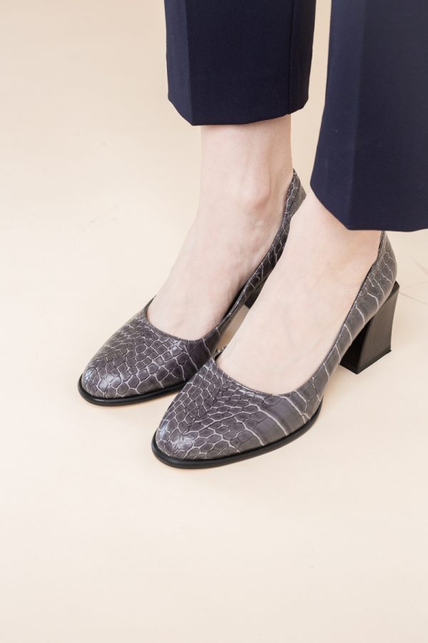 Pantofi cu Toc Gros Piele Ecologica Texturată Varf Rotund culoare Gri Inchis(BS612CAY2401568) 9