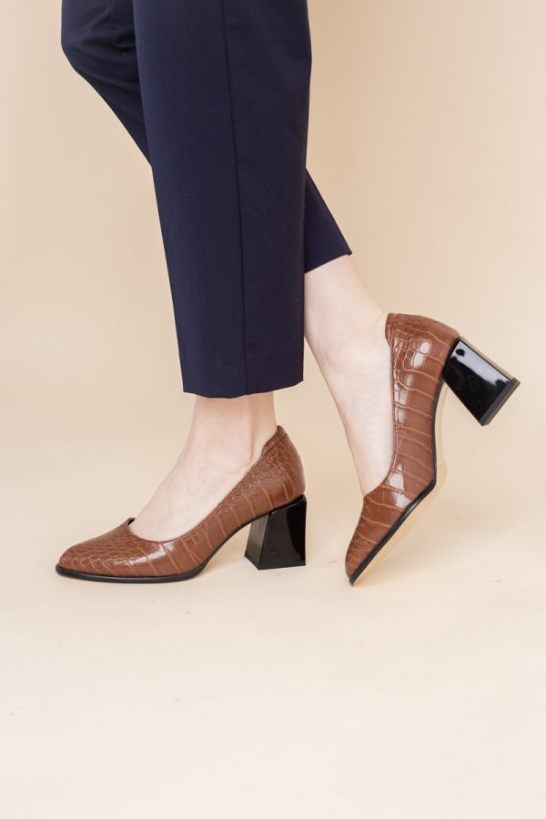 Pantofi cu Toc Gros Piele Ecologica Texturată Varf Rotund culoare Maro(BS612CAY2401569) 5