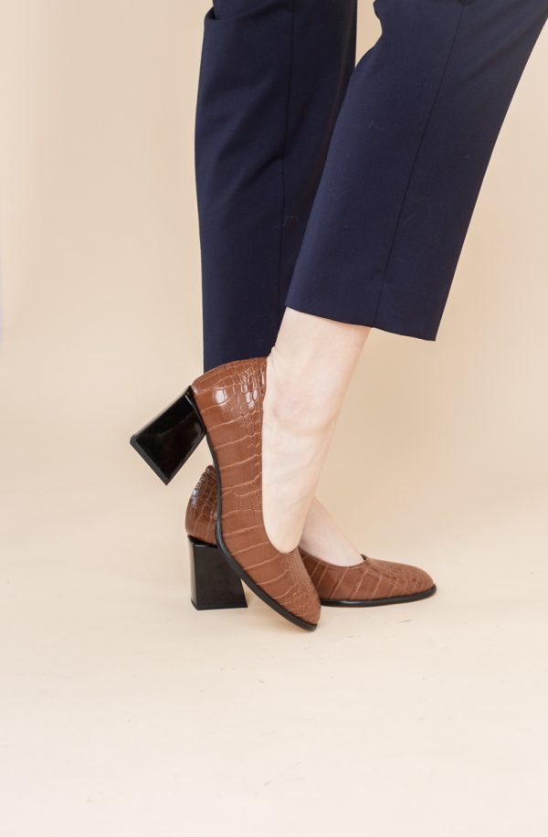 Pantofi cu Toc Gros Piele Ecologica Texturată Varf Rotund culoare Maro(BS612CAY2401569) 9