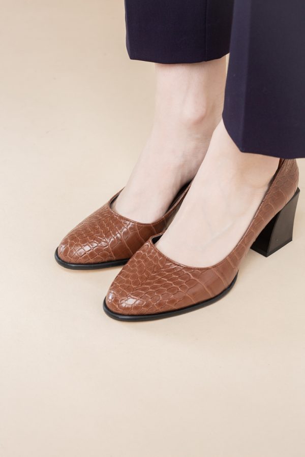 Pantofi cu Toc Gros Piele Ecologica Texturată Varf Rotund culoare Maro(BS612CAY2401569) 7