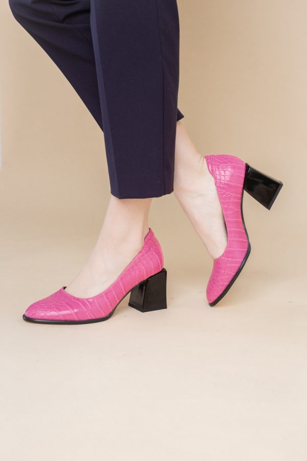 Pantofi cu Toc Gros Piele Ecologica Texturată Varf Rotund culoare Fuchsia(BS612CAY2401565) 5