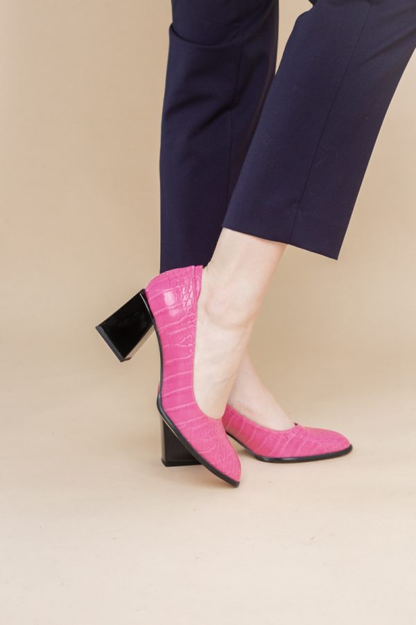 Pantofi cu Toc Gros Piele Ecologica Texturată Varf Rotund culoare Fuchsia(BS612CAY2401565) 9