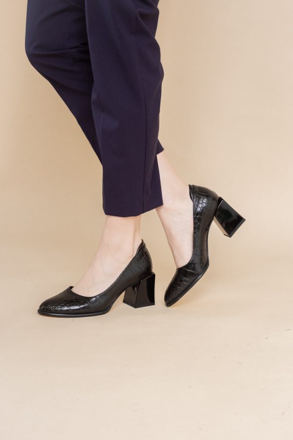 Pantofi cu Toc Gros Piele Ecologica Texturată Varf Rotund culoare Negru (BS612CAY2401559) 5