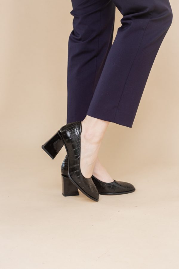 Pantofi cu Toc Gros Piele Ecologica Texturată Varf Rotund culoare Negru (BS612CAY2401559) 7