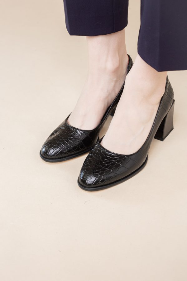 Pantofi cu Toc Gros Piele Ecologica Texturată Varf Rotund culoare Negru (BS612CAY2401559) 9