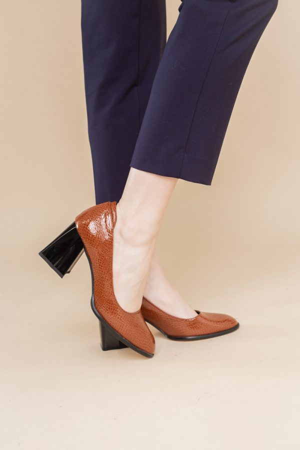 Pantofi cu Toc Gros Piele Ecologica Texturată Varf Rotund culoare Maro lucios(BS6122AY2401555) 7