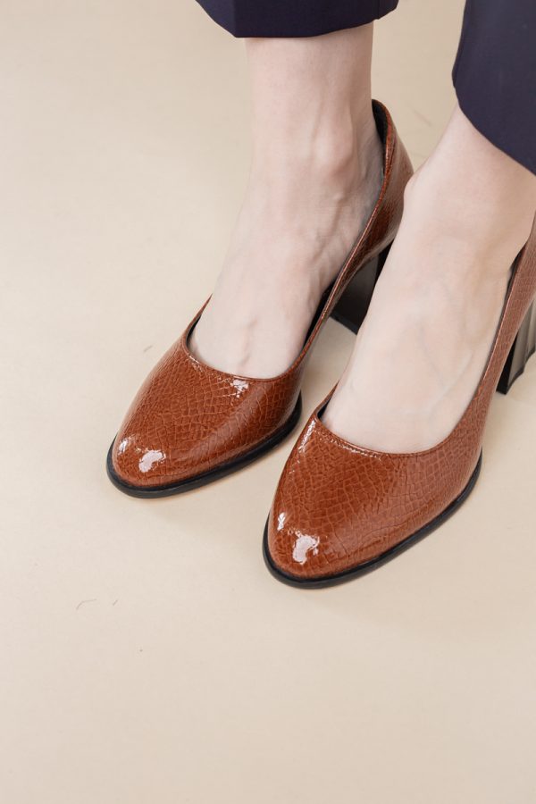 Pantofi cu Toc Gros Piele Ecologica Texturată Varf Rotund culoare Maro lucios(BS6122AY2401555) 177