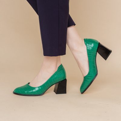Pantofi cu Toc Gros Piele Ecologica Texturată Varf Rotund culoare Verde (BS612CAY2401561)