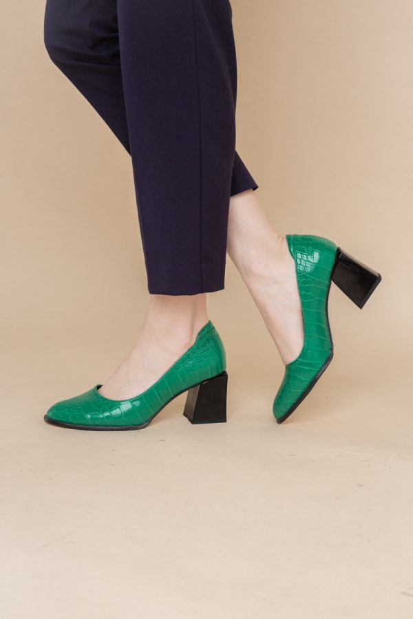 Pantofi cu Toc Gros Piele Ecologica Texturată Varf Rotund culoare Verde (BS612CAY2401561) 5