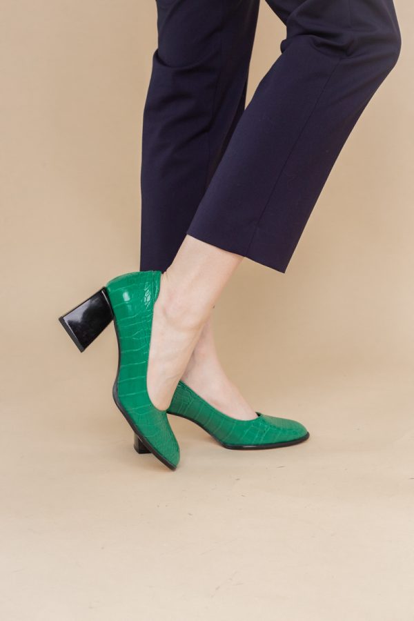 Pantofi cu Toc Gros Piele Ecologica Texturată Varf Rotund culoare Verde (BS612CAY2401561) 175