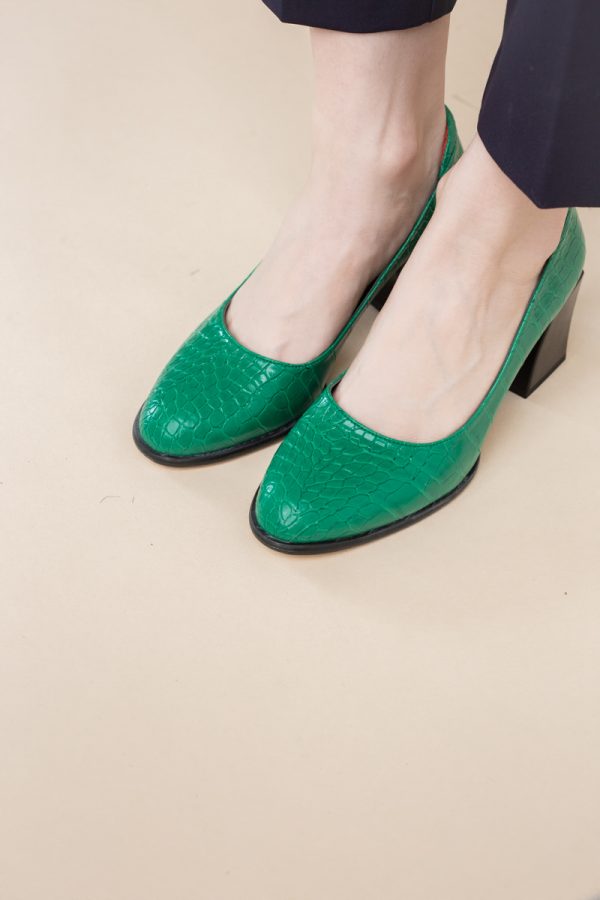 Pantofi cu Toc Gros Piele Ecologica Texturată Varf Rotund culoare Verde (BS612CAY2401561) 177