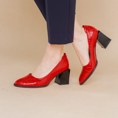 Pantofi cu Toc Gros Piele Ecologica Texturată Varf Rotund culoare Rosu (BS612CAY2401563)