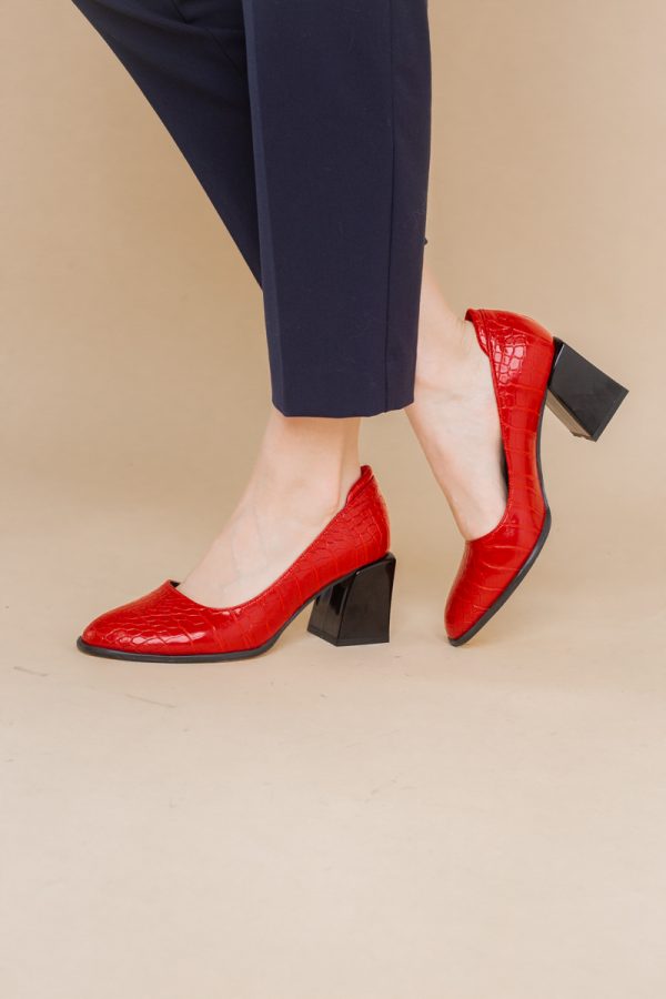 Pantofi cu Toc Gros Piele Ecologica Texturată Varf Rotund culoare Rosu (BS612CAY2401563) 5