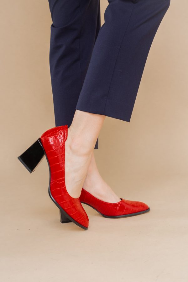 Pantofi cu Toc Gros Piele Ecologica Texturată Varf Rotund culoare Rosu (BS612CAY2401563) 7