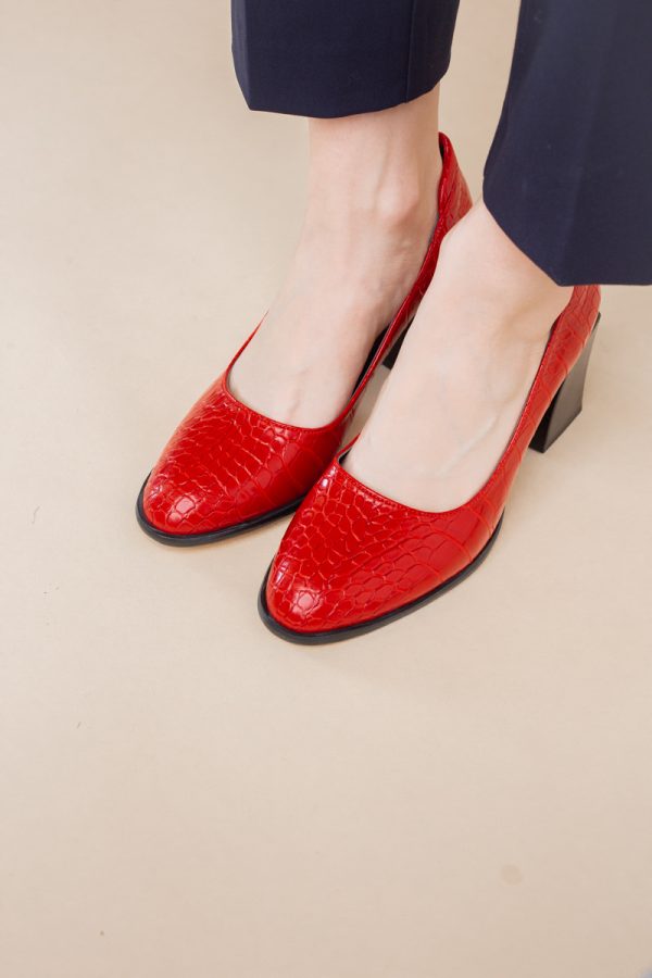 Pantofi cu Toc Gros Piele Ecologica Texturată Varf Rotund culoare Rosu (BS612CAY2401563) 177