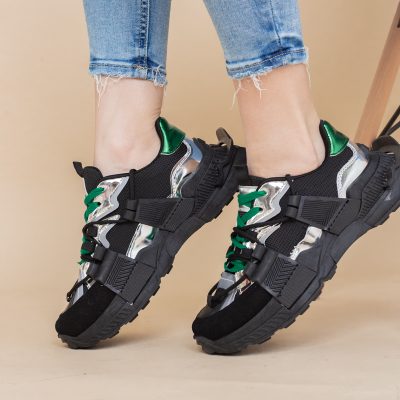 Pantofi sport damă cu elemente design reflectorizante Negru cu verde (BS302EV2401624)