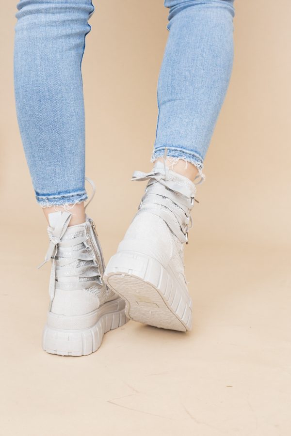 Pantofi damă sport casual înalti piele ecologică cu siret și fermoar Gri/Argintiu (BS337EV2401677) 9