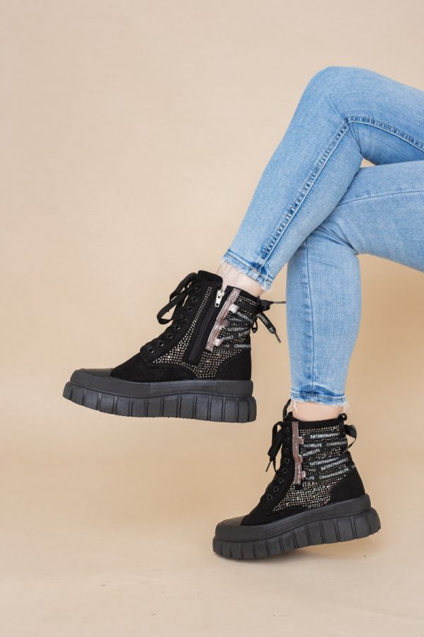 Pantofi damă sport casual înalti piele ecologică cu siret și fermoar Negru (BS337EV2401675) 9
