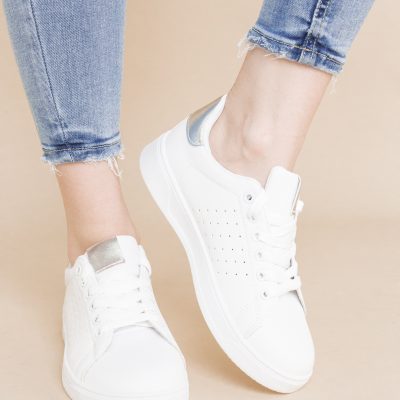 Pantofi damă sport casual piele ecologică Alb/Argintiu (BS311EV2401657)