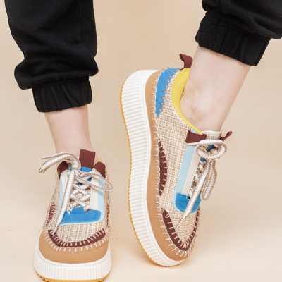 Pantofi damă sport piele ecologică si textil Maro cu Albastru (BS298EV2401620)