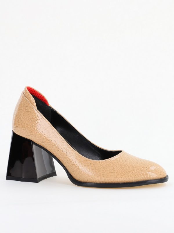 Incaltaminte Dama - Pantofi cu Toc Gros Piele Ecologica Texturată Varf Rotund culoare Bej lucios(BS6122AY2401557)