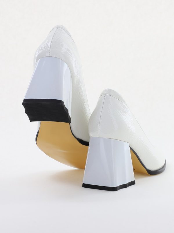 Pantofi cu Toc Gros Piele Ecologica Texturată Varf Rotund culoare Alb lucios(BS6122AY2401556) 180