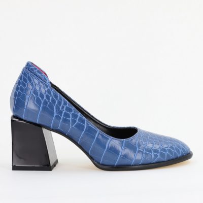 Pantofi cu Toc Gros Piele Ecologica Texturată Varf Rotund culoare Albastru (BS612CAY2401566)