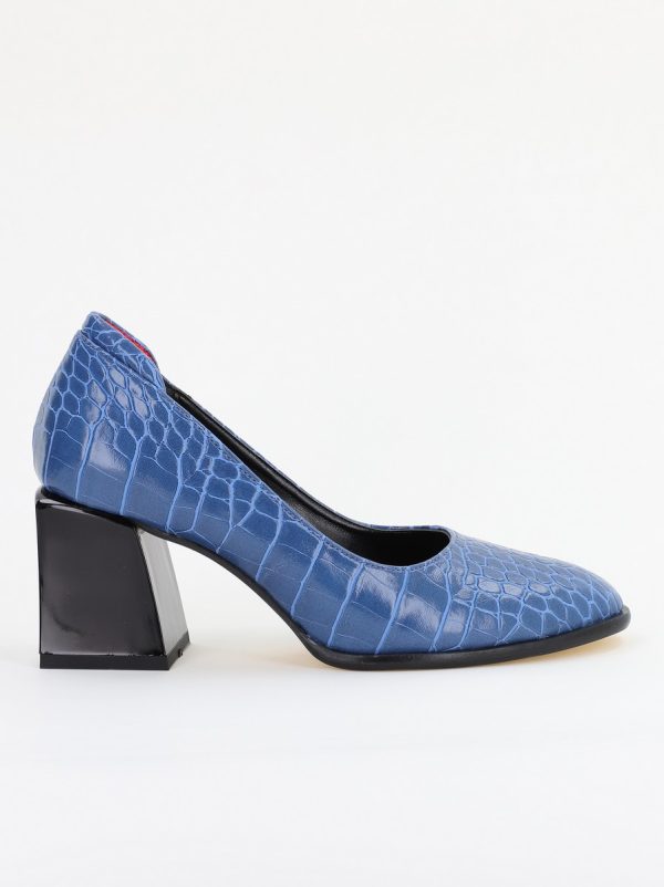 Pantofi cu Toc Gros Piele Ecologica Texturată Varf Rotund culoare Albastru (BS612CAY2401566) 4