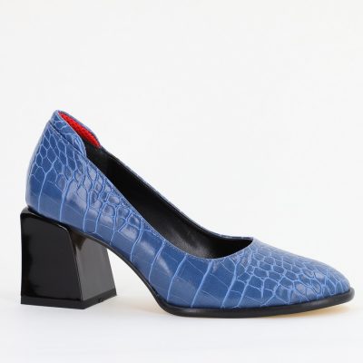 Incaltaminte Dama - Pantofi cu Toc Gros Piele Ecologica Texturată Varf Rotund culoare Albastru (BS612CAY2401566)