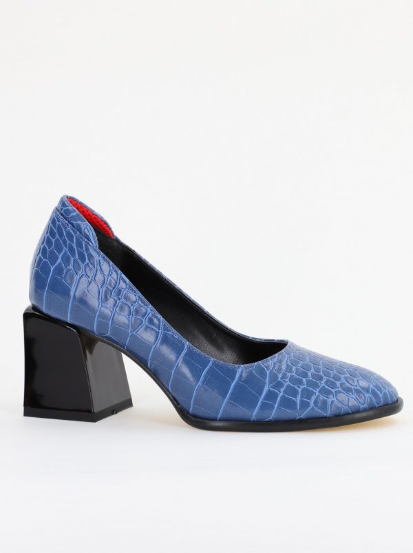 Pantofi cu Toc Gros Piele Ecologica Texturată Varf Rotund culoare Albastru (BS612CAY2401566) 5