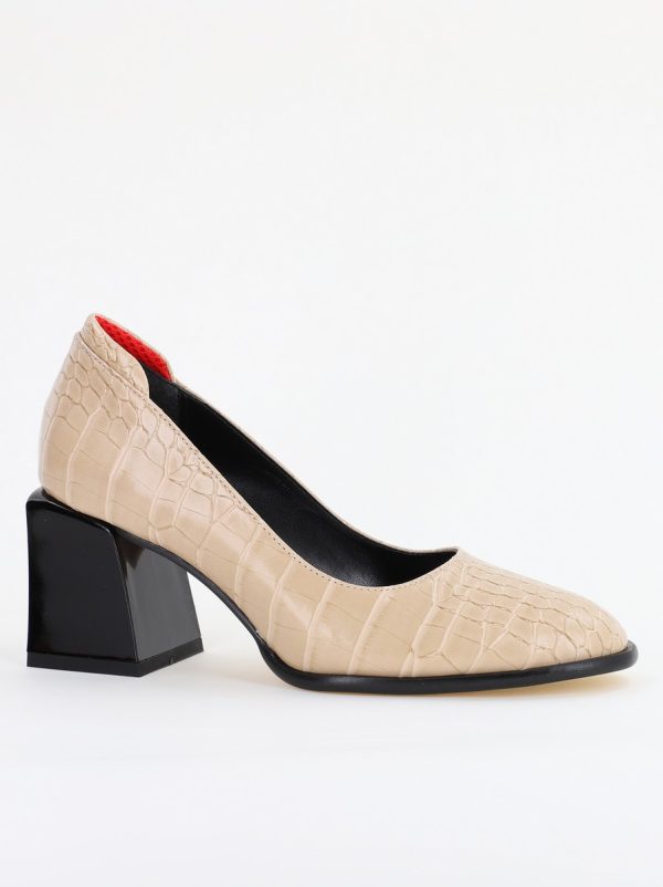 Incaltaminte Dama - Pantofi cu Toc Gros Piele Ecologica Texturată Varf Rotund culoare Bej (BS612CAY2401562)