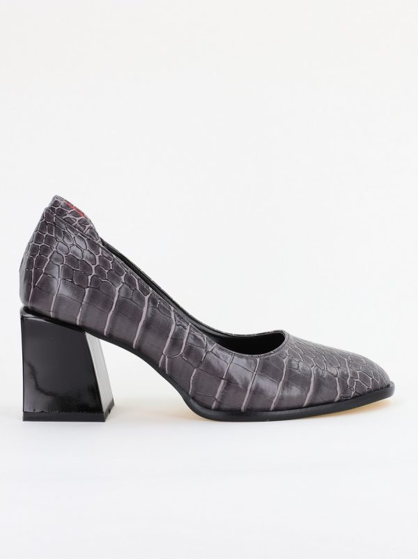 Pantofi cu Toc Gros Piele Ecologica Texturată Varf Rotund culoare Gri Inchis(BS612CAY2401568) 6