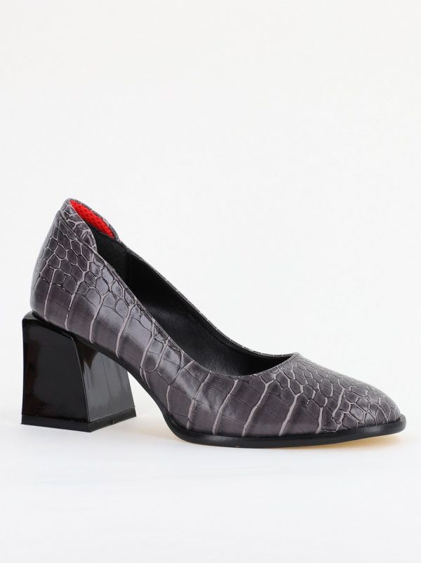 Incaltaminte Dama - Pantofi cu Toc Gros Piele Ecologica Texturată Varf Rotund culoare Gri Inchis(BS612CAY2401568)