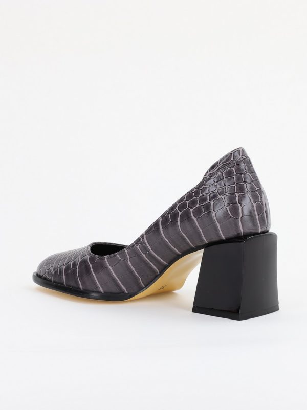 Pantofi cu Toc Gros Piele Ecologica Texturată Varf Rotund culoare Gri Inchis(BS612CAY2401568) 12