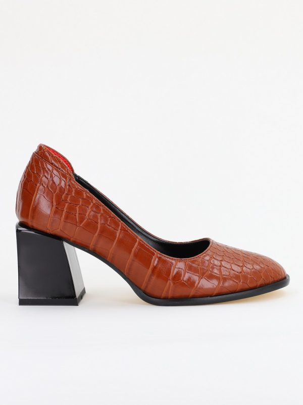 Pantofi cu Toc Gros Piele Ecologica Texturată Varf Rotund culoare Maro(BS612CAY2401569) 6