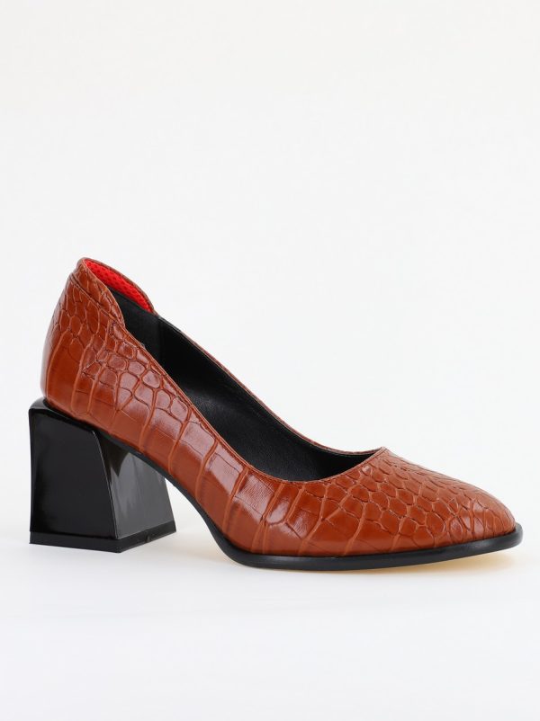 Incaltaminte Dama - Pantofi cu Toc Gros Piele Ecologica Texturată Varf Rotund culoare Maro(BS612CAY2401569)