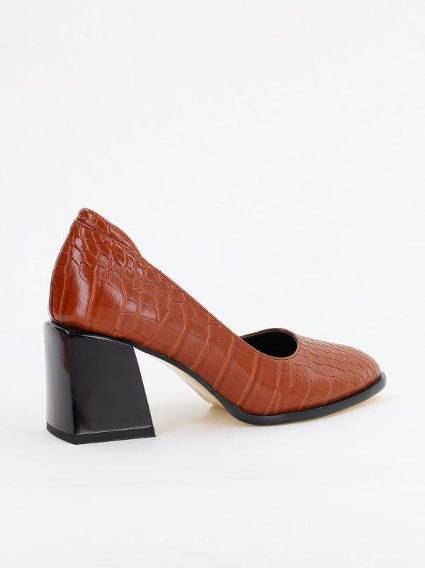 Pantofi cu Toc Gros Piele Ecologica Texturată Varf Rotund culoare Maro(BS612CAY2401569) 178