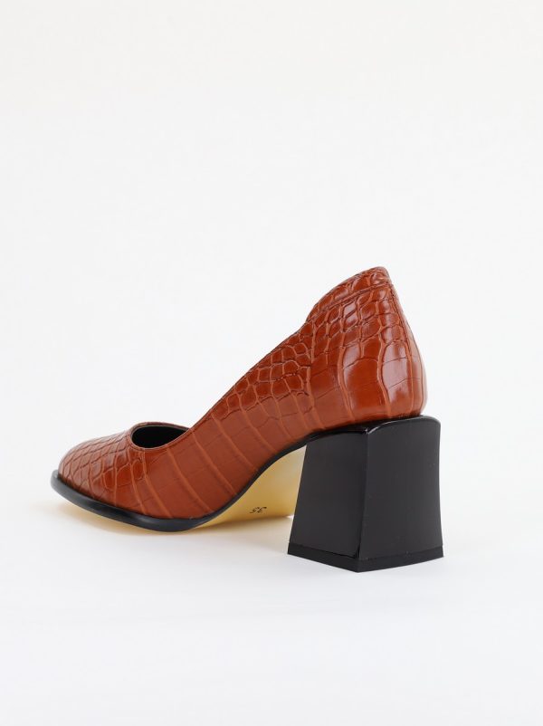 Pantofi cu Toc Gros Piele Ecologica Texturată Varf Rotund culoare Maro(BS612CAY2401569) 11