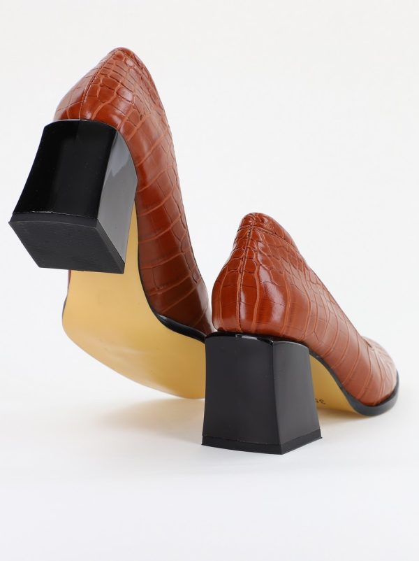 Pantofi cu Toc Gros Piele Ecologica Texturată Varf Rotund culoare Maro(BS612CAY2401569) 12