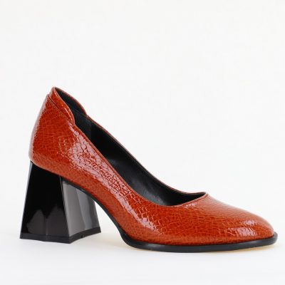 Incaltaminte Dama - Pantofi cu Toc Gros Piele Ecologica Texturată Varf Rotund culoare Maro lucios(BS6122AY2401555)