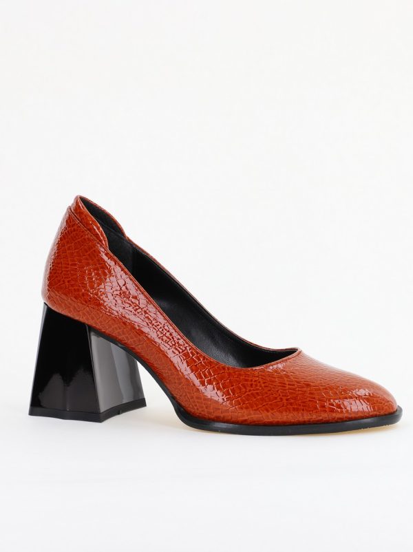 Pantofi cu Toc Gros Piele Ecologica Texturată Varf Rotund culoare Maro lucios(BS6122AY2401555) 5