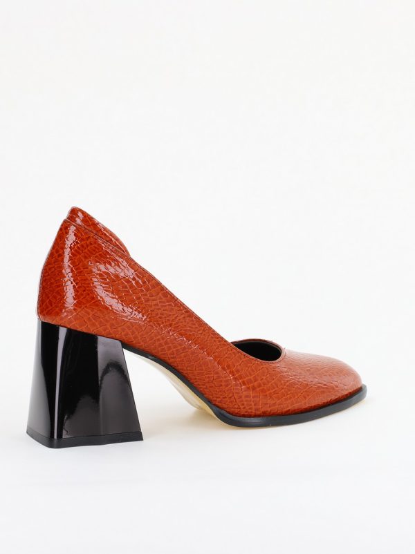 Pantofi cu Toc Gros Piele Ecologica Texturată Varf Rotund culoare Maro lucios(BS6122AY2401555) 6