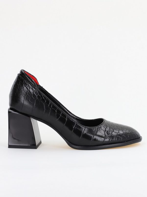 Pantofi cu Toc Gros Piele Ecologica Texturată Varf Rotund culoare Negru (BS612CAY2401559) 4