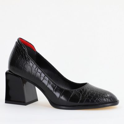 Incaltaminte Dama - Pantofi cu Toc Gros Piele Ecologica Texturată Varf Rotund culoare Negru (BS612CAY2401559)