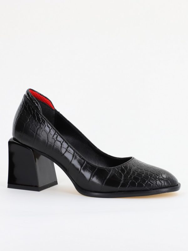Incaltaminte Dama - Pantofi cu Toc Gros Piele Ecologica Texturată Varf Rotund culoare Negru (BS612CAY2401559)