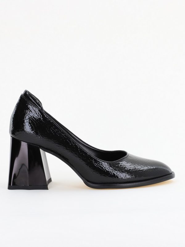 Pantofi cu Toc Gros Piele Ecologica Texturată Varf Rotund culoare Negru lucios(BS6122AY2401553) 4